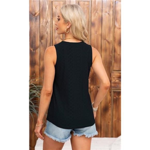 Womens Tank Tops Eyelet Embroidery Summer Sleeveless High Neck Loose Flowy Shirt - Picture 3 of 7